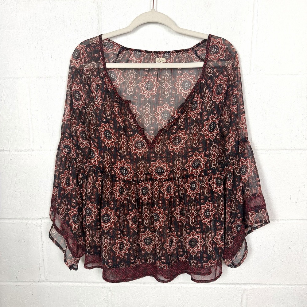 Hollister Babydoll Top Long Bell Sleeves Medallion Deep-V Sheer BoHo Fairy SZ S